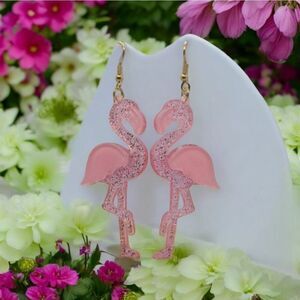 Big Pink Flamingo Earrings 🦩 Sparkly Dangle Glitter Tropical Jewelry Vacation